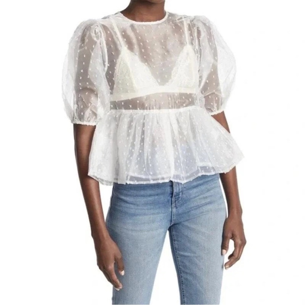 Topshop Point d’esprit Organza Puff Sleeve Sheer Top